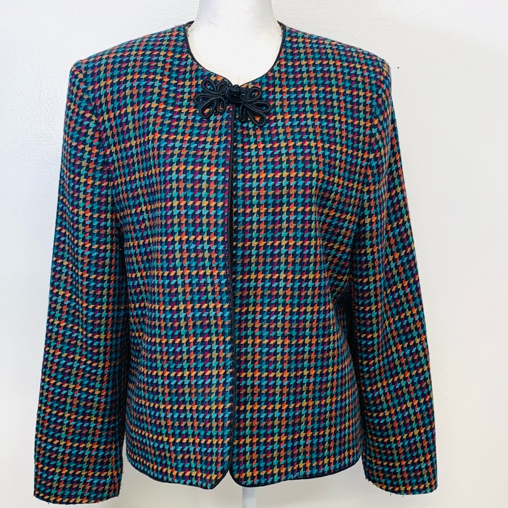 Vtg Liz Baker Blazer Jacket‎ Woman 16W  Houndstooth Wool Blend Business Preppy
